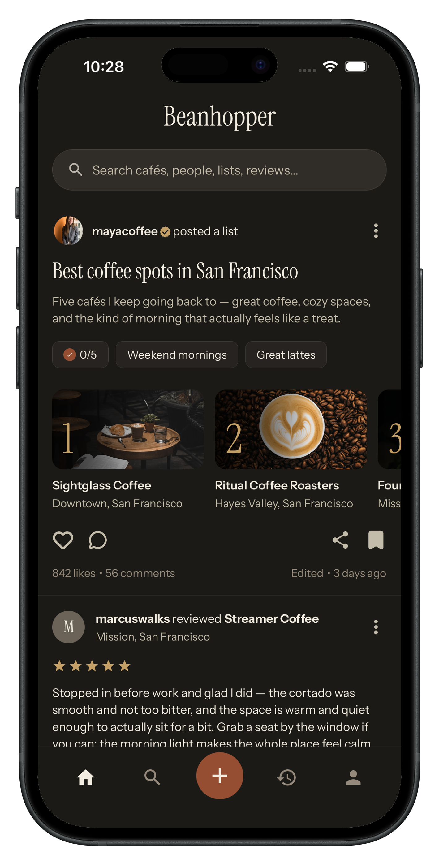 BeanHopper app showing café lists and reviews